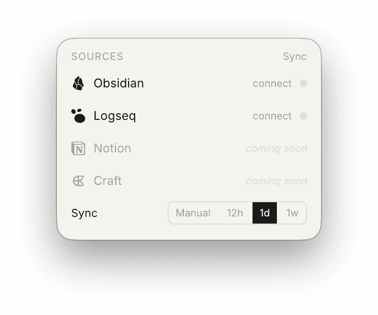 Portal sources panel showing Obsidian, Logseq, Notion, and Craft integrations