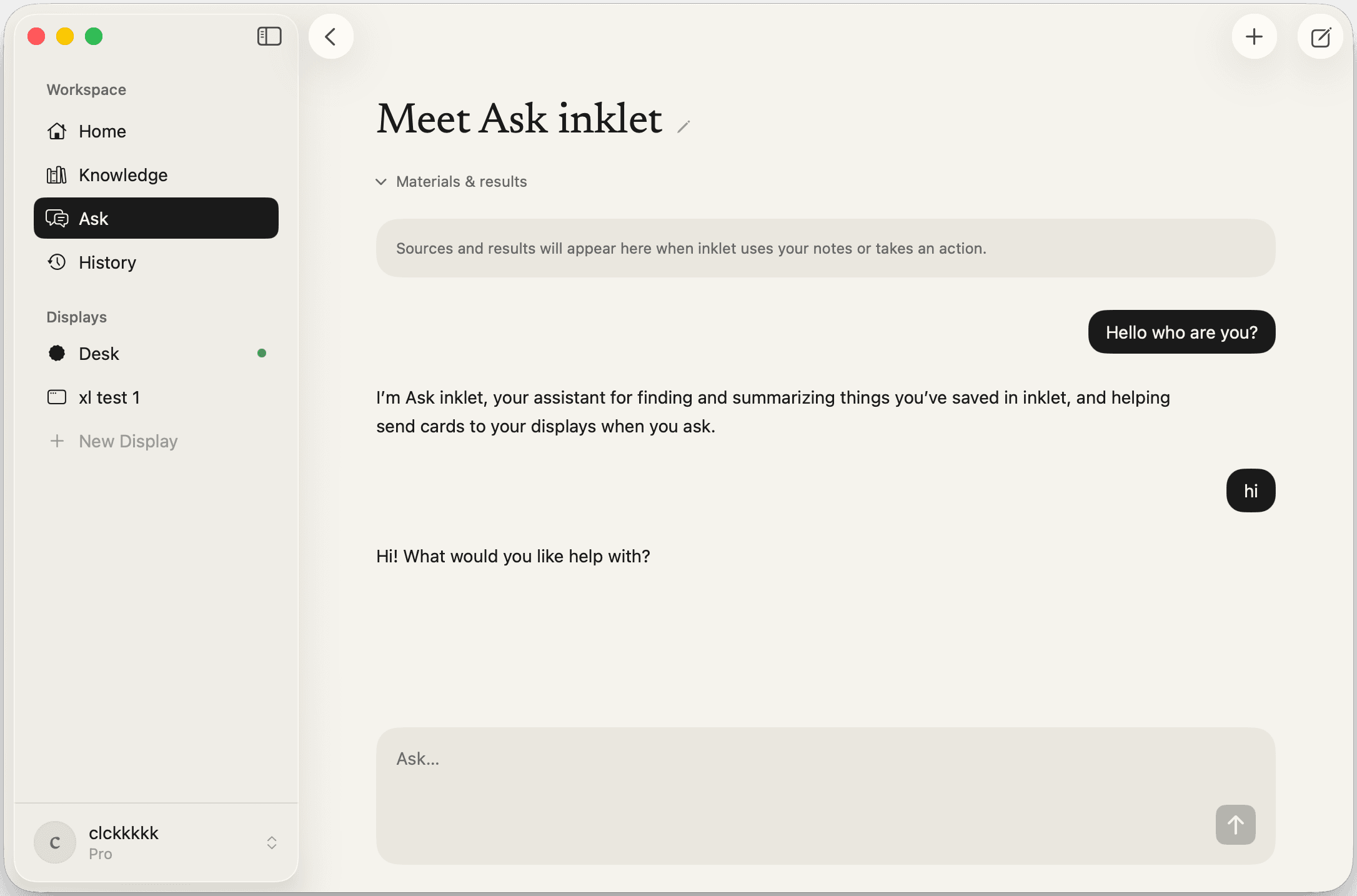 A conversation in Ask inklet, with Materials & results above the thread and a message box below