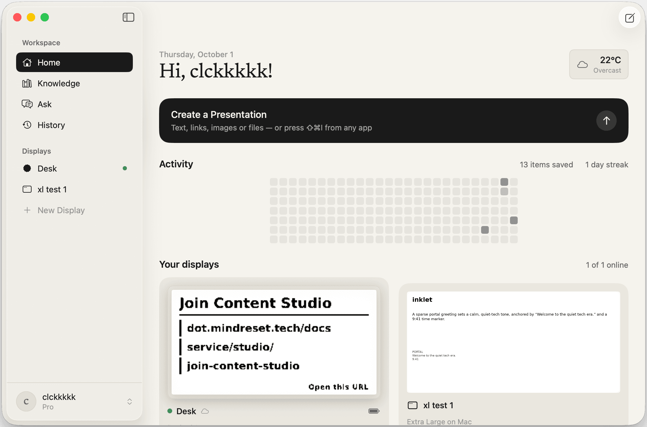 inklet Portal for Mac on its Home page: the weather, an activity grid of saved items, and the displays with what each is showing