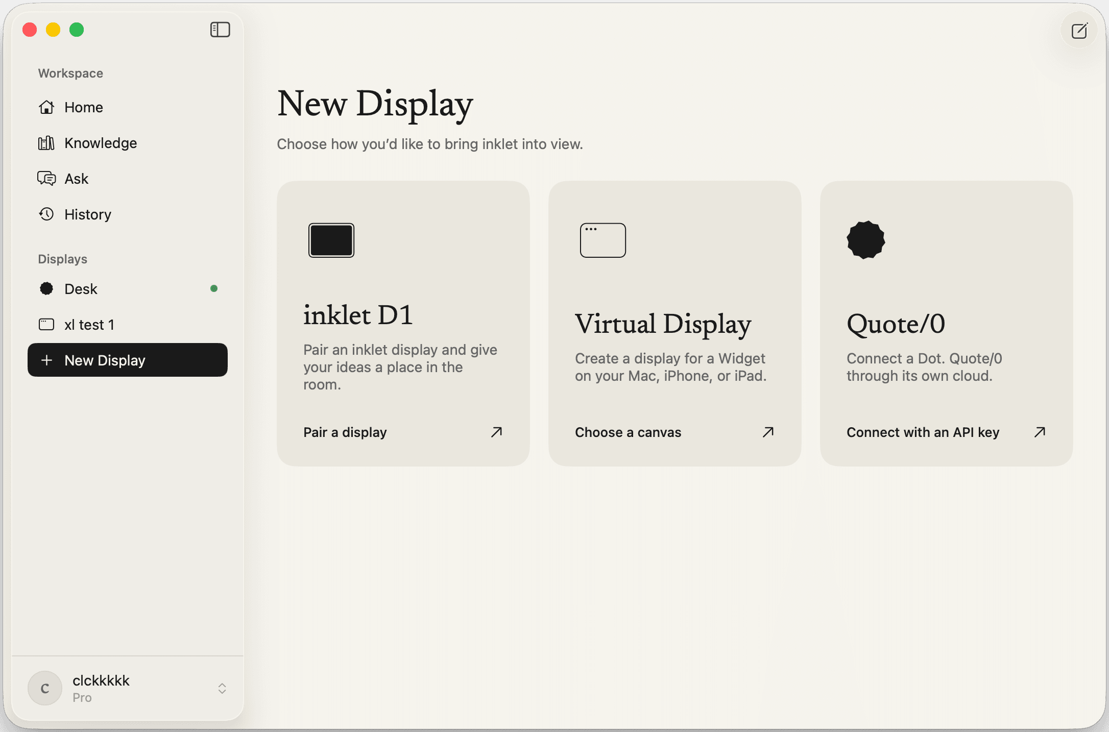 The New Display screen in inklet Portal, offering an inklet D1, a Virtual Display, or a Dot. Quote/0